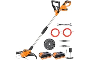 JYGMPRO Coupe Bordure sans Fil 21V, Débroussailleuse à Batterie Brushless avec 2 Batteries 2.0Ah, 2 Lames, 2 Bobines (5m), Tube Télescopique, Poignée Réglable, Tête Pivotante 90°pour Jardin Élagage