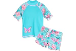 HUAANIUE Girls 2PCS Swimsuit 3-11Y Swimming Set Short Sleeve Swimwear Summer Beach Swimming Costume Outfit Sun Suit