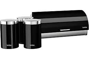 briebe Set Panera de Mesa + Juego de 3 Botes Cocina Almacenaje, Acero Inoxidable, Contenedor para Guardar Pan y Bollería,Tapa Deslizante, Diseño Moderno, Bread Box, Negro/Inox