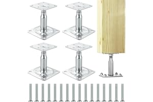 PIASHOW Lot de 4 supports de poteau réglables en hauteur, à visser, galvanisé, passivé par couche épaisse, support de poteau galvanisé de 100 à 150 mm avec 16 vis