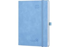 POPRUN Agenda 2025 Semana Vista 22 x 16,5 cm, Una Página por Semanal con Una Página de Notas 17 Meses de Ago.2024 a Dic.2025, 100 GSM Papel, Azul Celeste