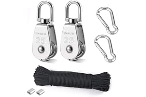 TooTaci M25 Pulley Block Set,304 Stainless Steel Pulley System,25mm Single Pulley Wheels with 20M/4mm Nylon Pulley Rope,2pcs Carabiner Hooks,Use for Hoisting Items Indoor Outdoor