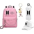 BTS 4in1 Combo - Backpack - Cap - Keychain and Water Flask for True BTS Fans and Merchandise Gifts - Casual Shoulder Bag Travel with USB Charging Port For Girls (Design 4)