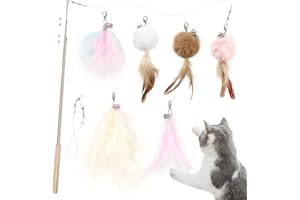 SONGWAY Interaktives Katzenspielzeug Feder - Katzenspielzeug Set, Einziehbare Natürliche Federstab Katze Spielzeug mit 6 Stück Katzenangel Ersatz mit Glocken, Rosa