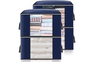GARPROVM 4Pcs Sac de Rangement sous Lit, Sacs de Rangement de Grande Capacité avec Poignée Renforcée pour Édredons Couvertures Oreillers Jouets Vêtements Vestes, 60 x 43 x 35 cm (Bleu Foncé)