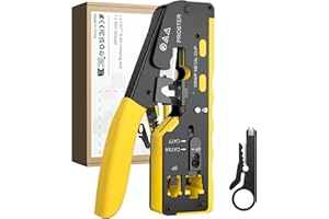 Proster Pinza Crimpatrice RJ45 Professionale Pass Through Multifunzione Spelafili per Cavo Rete per Connettori Strumento Crimpatura per RJ45 CAT5 CAT6/CAT6A e CAT7 RJ45 Kit Crimper Ethernet-giallo