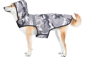 KoKoBin Wodoodporna kurtka odblaskowa z kapturem, otwór na szyję, super lekka i oddychająca, wodoszczelna kurtka dla średnich i dużych psów (rozmiar XXL, moro szary)