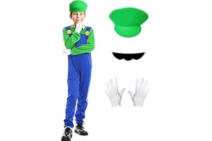 ATOWORLD Mario Costume Kids 3-4 5-6 7-8 9-12 Years Boys Girls with Accessories Hat Moustache Gloves Luigi and Mario Costume Fancy Dress Up Outfit Suit Jumpsuit for Halloween World Book Day Party Cosplay