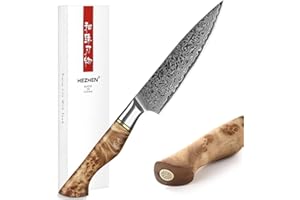 HEZHEN Couteau Universel, Acier Damas Couteaux D'office, Multifonctionnel Couteau à Fruits, Figured Sycamore Wood Handle