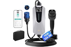 Hexinex Cargador EV Tipo 2 Portátil de 7KW con Corriente Ajustable de 8A a 32A, Estación de Carga para Vehículos Eléctricos, Admite Control por App, con Pantalla LED Digital y Bolsa