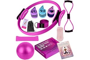 Revalinx Kit Pilates Casa 9pcs, Conjunto Yoga Pilates con Aro Pilates Mujer, Pelota Yoga, Bandas Resistencia, Correa, Elástico, Calcetines Antideslizantes, Accesorios Pilates Mujer