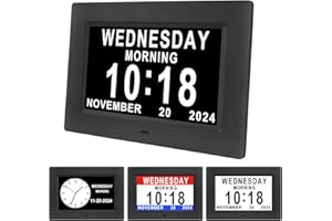 Johnziny 7'' Dementia Clocks with 12 Alarm Options, Digital Clock with Date and Day for Elderly,Large Clear Digits,Auto-Dim, 4 Diaplay, Digital Calendar Day Clock for Seniors (Black)