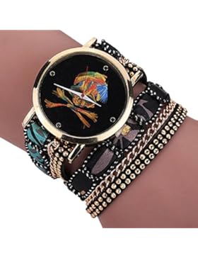 Dxlta Damen Armbanduhr Multi Layer Quarz Armband Elefantenmuster Weben Uhr Geschenke (Skull, Schwarz)
