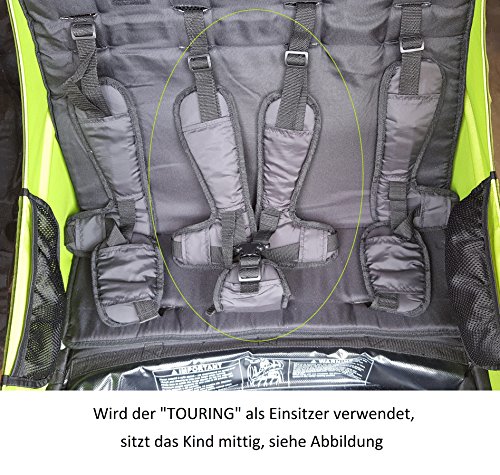 Fahrradanhänger TOURING grün mit Zubehör (Buggyrad, Joggerrad mit Bremse, Regenverdeck, Faltgarage, Sitzpolster u.v.m.), rosilino Kinderfahrradanhänger - 9