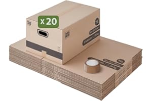 Pack and Move - Lot 20 cartons déménagement stockage M - 60 x 40 x 30 cm - Poignées renforcées - 1 adhésif offert