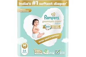 Pampers Premium Care Pant Style Baby Diapers | Medium (M size) | 54 Count | Voted India's Softest | All-in-1 with 360 Cottony Softness Diapers | 7-12kg