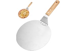 IXYDOR Pala per pizza con manico in legno, pala per pizza in acciaio inox, perforata, crosta da 10 pollici, pala rotonda per pizza fatta in casa, pane, biscotti e torte, da appendere, argento