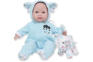 JC TOYS Berenguer Boutique docka, 38 cm, mjuk kropp, öppna och stänga ögonen, inklusive kläder och elefantplyschdjur, blå, de