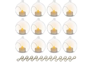 Sziqiqi 12 Pezzi Candelabro di Vetro Appeso con Candele a LED, 8cm Appendere Portacandele Candeliere in Vetro Globi Terrario Decorazioni a Lume di Candela per Feste Matrimoni Decorazioni Natalizie
