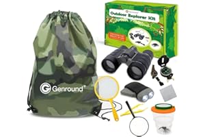 Genround outdoor researcher set, gift for boys, 9 pieces, kids outdoor exploration toys for outdoors, including binoculars, whistle, compass, tweezers, torch, magnifying glass, bug viewer, cleaning cloth backpack.