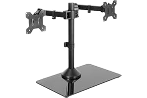 VIVO STAND-V002FG - Supporto per doppio monitor autoportante con elegante base in vetro e bracci regolabili, per 2 schermi fino a 32" e 10 kg ciascuno, colore: nero