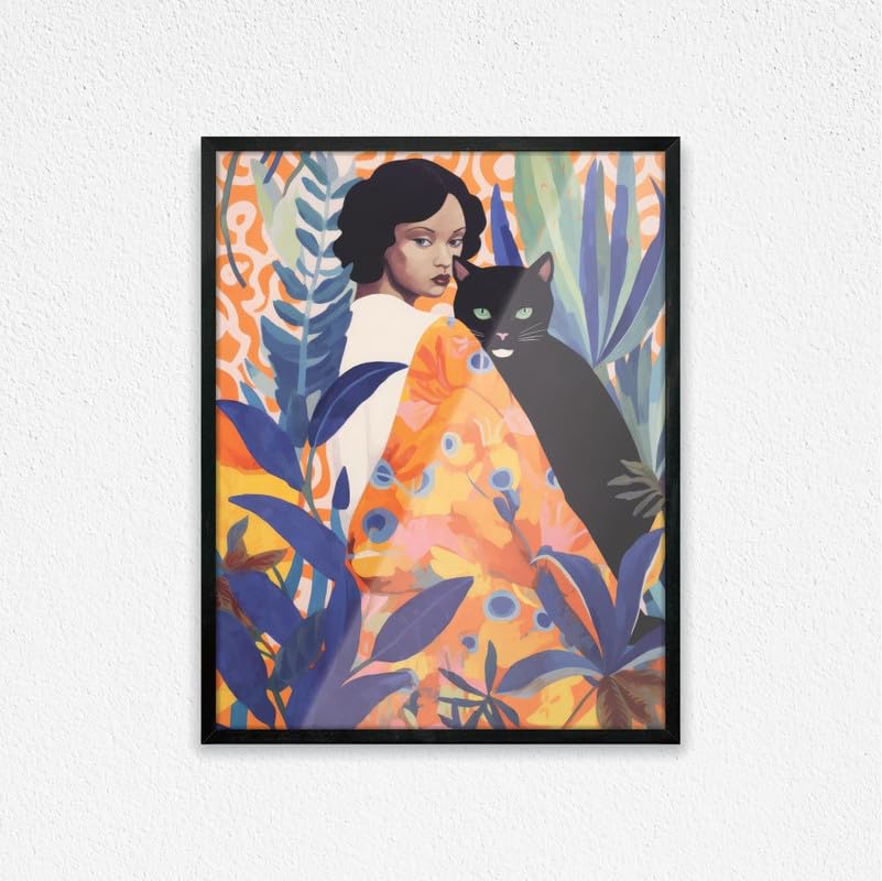 Art Decor Woman with Black Panther Jungle Painting Matisse Style Orange Portrait Art Modern Art Wall Art for Office Bedroom Living Room Dining Room Gifting 45x60cm