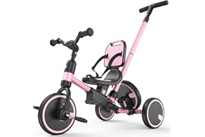 Besrey Triciclo Bambini 5 in 1 – Triciclo Evolutivo con Maniglione e Ruota di Scorta, Bici Senza Pedali per Bambini da 1 Anno e mezzo Dotato di Schienale e Cintura, Regalo Compleanno per Bambine(Rosa)
