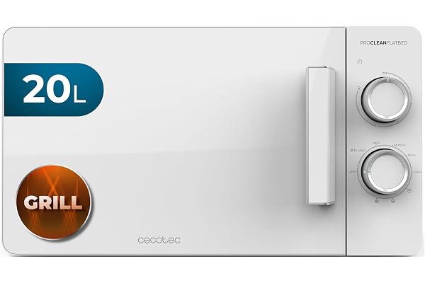 Cecotec Micro-ondes Avec Gril Proclean 3120 Flatbed. Capacité 20L, 700W, 6 niveaux, gril de 800W, porte FullWhite, cuisson rapide et dorée, technologie 3DWave pour des résultats parfaits