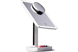 ‎FANCII Fancii Schminkspiegel mit dimmbarem LED Licht, 3 Lichtfarben und 15x Vergrößerungsspiegel, Beleuchteter Kosmetikspiegel Make-up Spiegel mit Beleuchtung - Aura (Weiß)