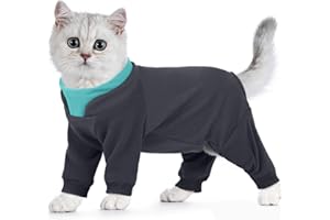 Hjumarayan Cat Onesie, Full Coverage Warm Fleece Jumper with Four-leg Sticky Hair Clothes, Soft Long Sleeve Cat Recovery Suit Stretchy Body Suit to Stop Licking, Grey M