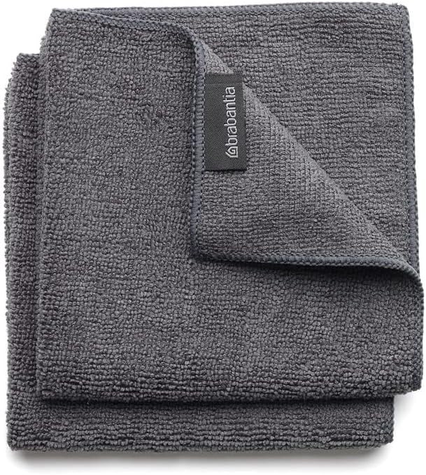Brabantia Chiffon microfibre SinkSide, Gris Foncé, Lot de 2, 30x30x0,5cm | Chiffon nettoyant microfibre et éponge , Hautement absorbant, Absorbe 7x son poids en eau, Réutilisable, Lavable en machine