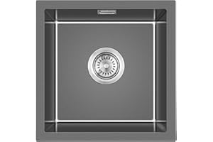 Küchenspüle Schwarz 45x45x19cm, KEOKBON Spülbecken Edelstahl, Einbauspüle 1 Becken mit Siphon, Ab- und Überlaufgarnitur,geeignet für aufliegend, Einbau oder Unterbau Montageart