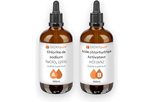 DIOXYPURE Dioxyde de Chlore - Kit de Production - 2 Flacons Compte-Gouttes en Verre de 100 ML - Chlorite de Sodium (NaClO2) 25% et Acide chlorhydrique (HCI) 4% - Désinfectant - Qualité supérieure