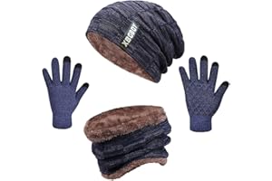 SWYGOO Chapeau Bonnet d'hiver avec Écharpe et Gants à Écran Tactile, Ensemble Thermique Tricoté Hiver 3 en 1, avec Doublure en Polaire Cosy, Unisexes pour Hommes et Femmes