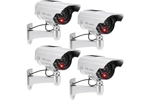 JUSTOP 4 Pack Dummy CCTV Camera Outdoor/Indoor Waterproof With Reality LED Light Solar Or Battery Powered - Silver
