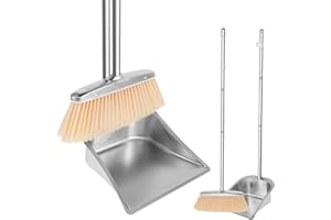 OROMYO Besen und Kehrschaufel Set mit Langem Stiel 118cm Edelstahl Kehrmaschine und Kehrschaufel Außenbereich Aufrechter Schaufel und Besen Set für die Reinigung zu Hause Büro Veranda Terrasse (Quadrat)
