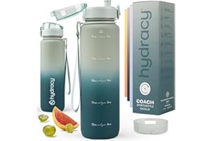 Hydracy Water Bottle with Time Marker - Large 1 Liter BPA Free Gradient Bottle - Leak Proof Gym Bottle with Fruit Infuser, Strainer and Drinking Times