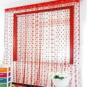 Pindia 6 Feet Set Of 2 Red String Net Heart Design Door Window Curtain