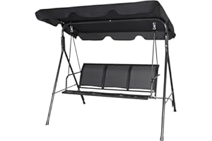CASART 3 Seater Swing Chair, Steel Frame Hammock Chaise Lounger with Adjustable Canopy, Outdoor Swinging Seat for Garden Patio Bench Balcony(Fabric Seat, Black)
