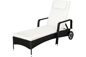 tectake® Chaise Longue Bain de Soleil en Resine Tressee Résistant Inclinable avec roulettes Transat Salon de Jardin Exterieur Mobilier de Jardin Chaise Longue Piscine Plage - Noir