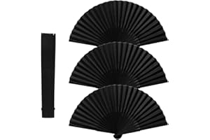 Karjiaja 3 Pcs Folding Handheld Fan - Black Chinese Bamboo Fan with Silk Fabric - Hand Held Fans for Women