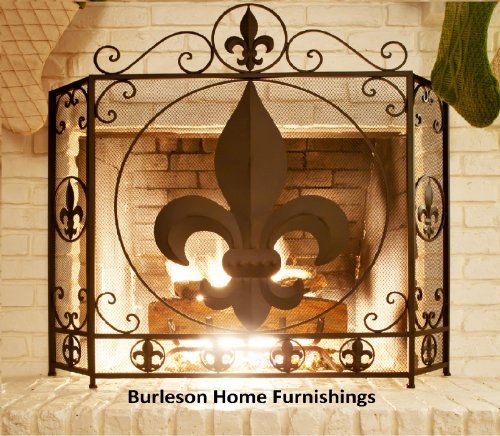 R&R Chimenea Fleur de lis Protector de Tri Fold - Metal - Pesado - Home Décor - Fuego - -