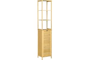kleankin Estantería de Baño de Bambú Armario Alto para Baño con 3 Estantes y 1 Puerta Mueble Columna de Almacenaje para Salón 34x30x173 cm Natural