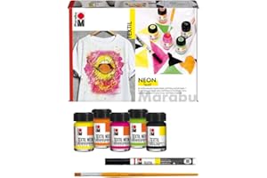Marabu 1711000000080 - Kit de pintura textil fluorescente brillante para telas claras, brilla en la luz negra, 4 x 15 ml de color neón, 15 ml de pintura textil, rotulador y pincel