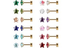 JMFENFA 12 Paare flache Rückseite chirurgischen Edelstahl Ohrstecker, Schraube zurück Herz Stern Quadrat Teardrop Runde vergoldet Silber Cubic Zirkonia CZ Birthstone Ohrstecker Set