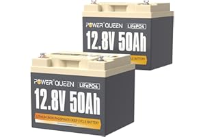 Power Queen Batterie 12V 50Ah LiFePO4(Pack de 2), Rechargeable Batterie avec 50A Protection BMS et 4000-15000 Cycles Profonds, sans Entretien Parfait pour Camping-Car, Système Solaire, E-Scootern