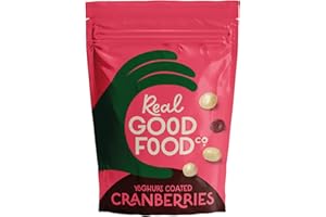 Real Good Food Co Yoghurt Coated Cranberries 150g Bag - Chocolate Coated Nuts, Nibbles and Snacks! Yoghurt Coated Cranberries - Luxury Snack