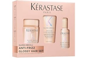 KÉRASTASE Gloss Absolu - Coffret Découverte - Cheveux Longs Sujets aux Frisottis - Acide Hyaluronique, Acide Glycolique et Huile de Rose Sauvage - Shampoing, Après-Shampoing et Spray - Format Voyage