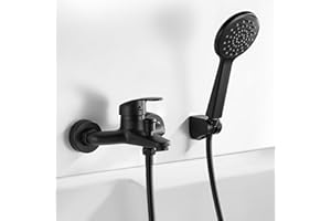 Coleniny Robinet de Baignoire Noir, Mitigeur de Baignoire Noir avec Douchette et Flexible de Douche (1.5m) Support, Mitigeur monocommande de Douche Mural, Robinet Douche Universel Filetage G1/2