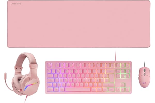 Mars Gaming MCP-RGB3, Langue Espagnole, Ensemble RGB Clavier Fixe, Souris Flow 3200 DPI, Casque Over-Ear, Tapis de Souris XXL, Rose